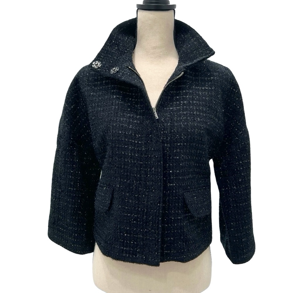 EXPRESS DESIGN STUDIO CROPPED BLACK BOUCLE EYELASH TWEED FUNNEL NECK JACKET